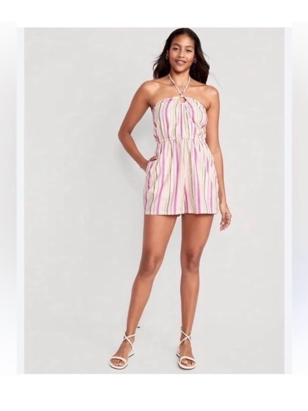 Old Navy Strapless Pink Multi-Stripe Romper Dress